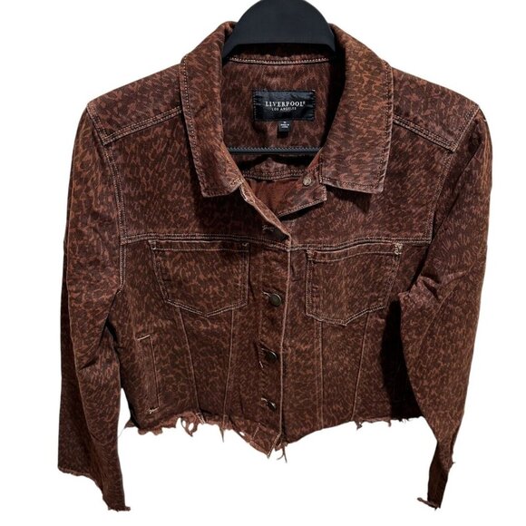 Liverpool Womens Size M  Brown Animal Print Cropped Jacket Long Sleeve Button Up - Picture 2 of 5